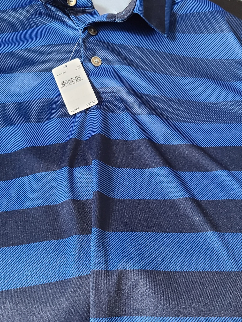 PGA Tour Men's Blue and Navy Striped Polo Shirt XL